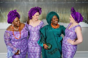 Bride in Teal Yoruba Wedding Attire With Bridesmaids in Purple Outfits, Gele Headwraps