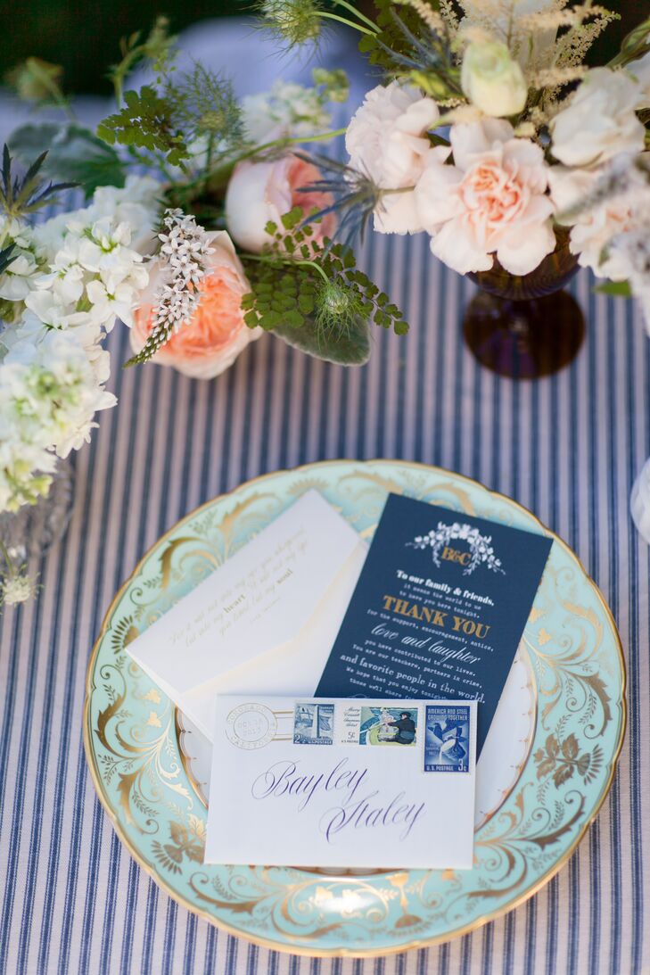 "Each setting had one of four vintage plate patterns and a letter," Bayley says. "The envelope had vintage stamps on it and inside was a thank you letter from Craig and I."