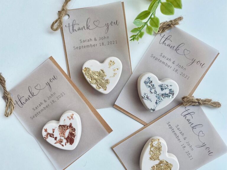 White heart magnets with gold foil flecks