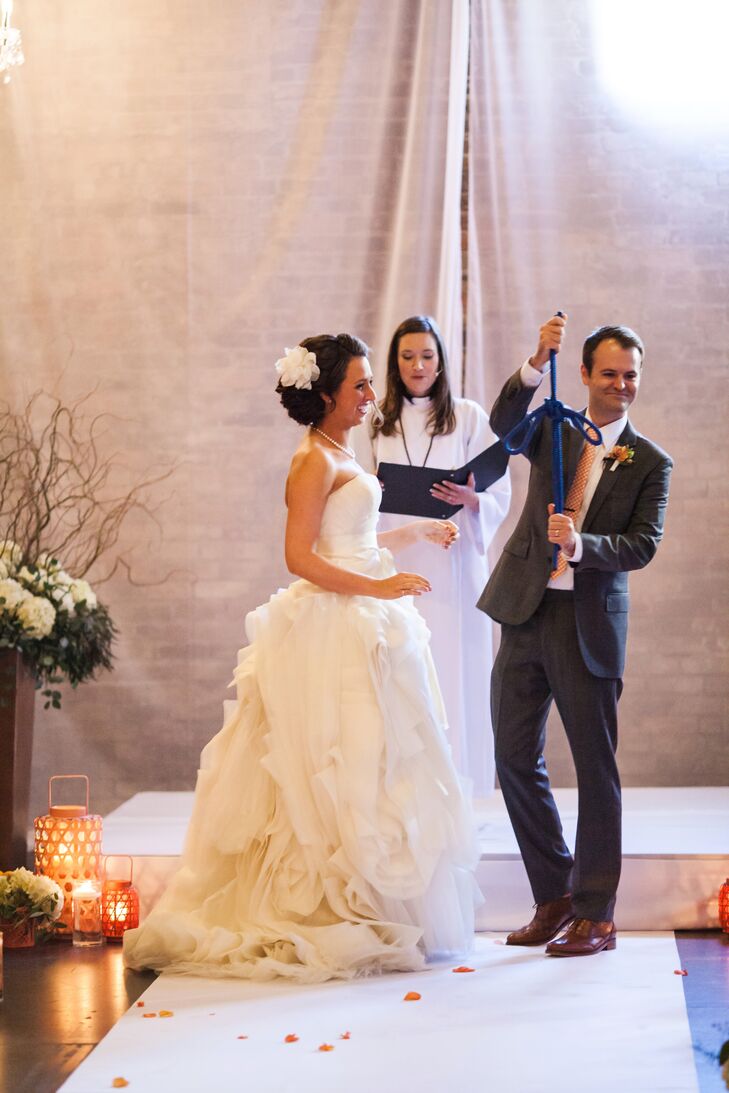 Since Molly and Boston love fishing, they had a traditional knot-tying ceremony. Together, they used blue rope to tie one of the strongest types of knots, which was a fun demonstration of their love. The couple had an otherwise traditional Lutheran ceremony, officiated by Molly's cousin.