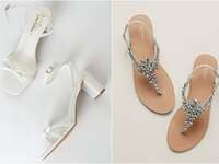collage of white heeled wedding sandals and flat wedding sandals with silver rhinestones