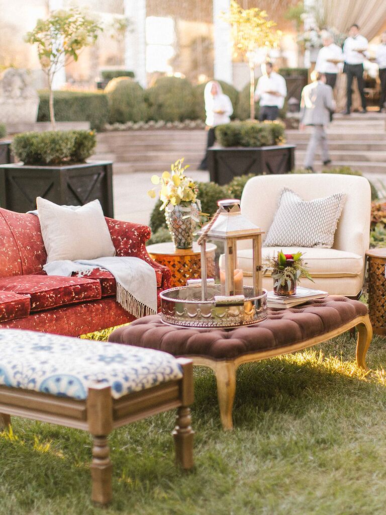 Outdoor lounge area for wedding reception