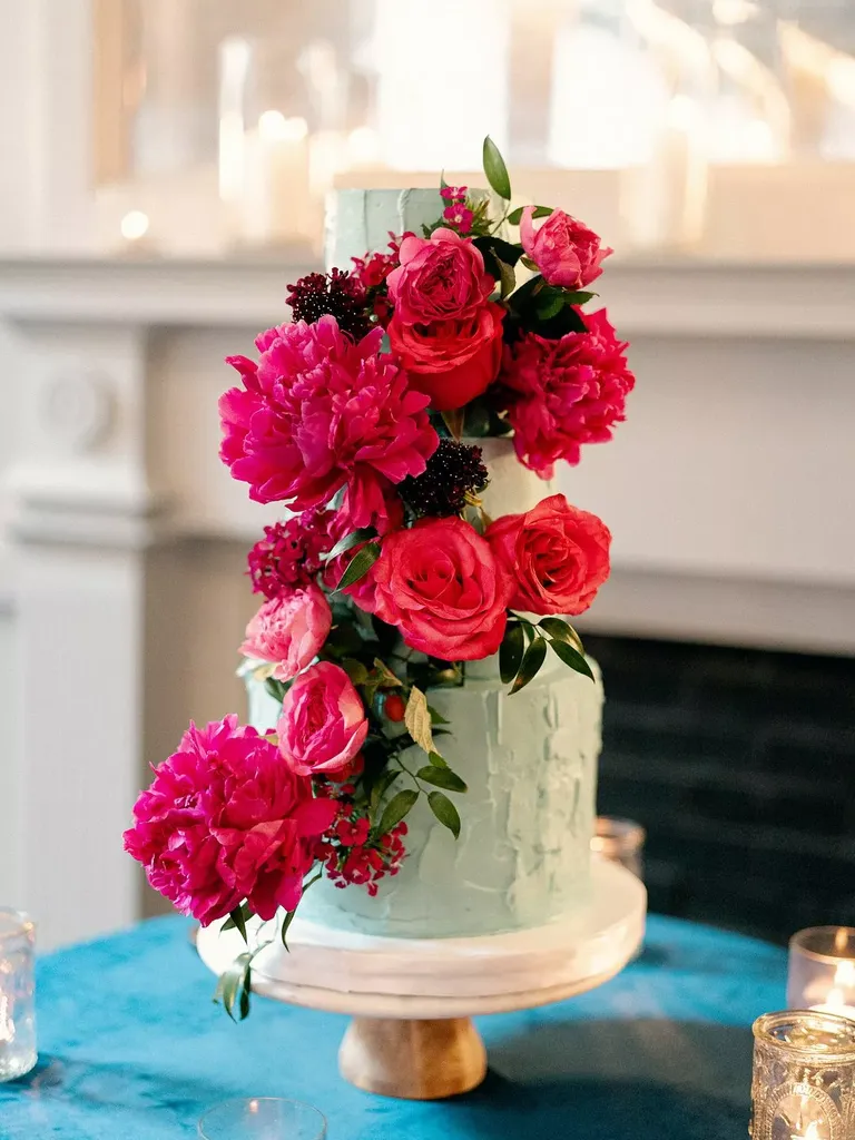 Blue Wedding Cake Decorated With Pink Peonies
