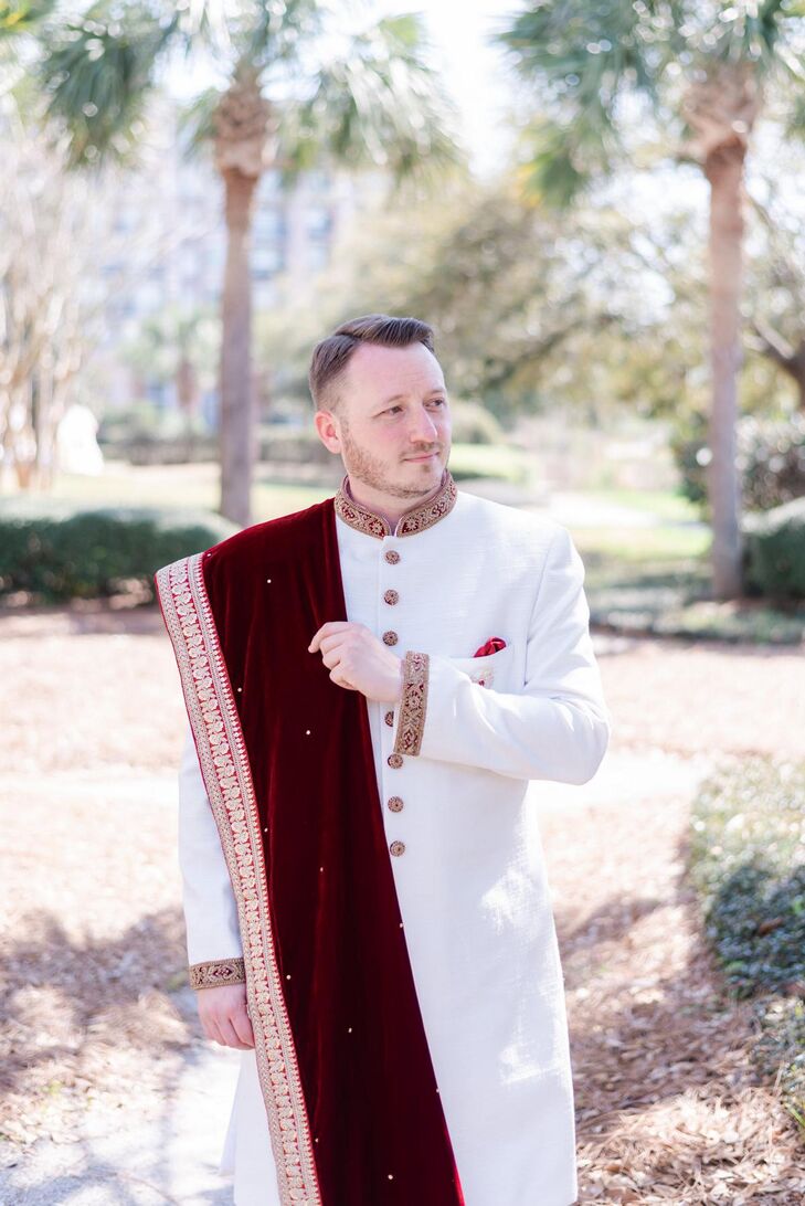 Groom in White-and-Burgundy Sherwani for Wedding at Harborside East in Charleston, South Carolina