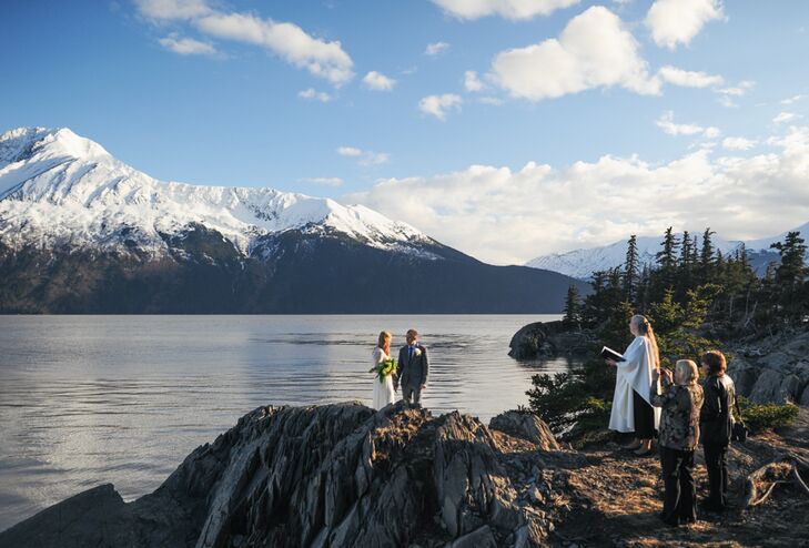“Having visited Alaska in the wintertime, I thought that a springtime elopement would be magical,” Grace says. “I pictured buds sprouting and kissing the surrounding shades of gray, white and blue. The location was selected with much help from Erica Rose, our amazing photographer, and the officiant, Rev. Dorothy Torres.”