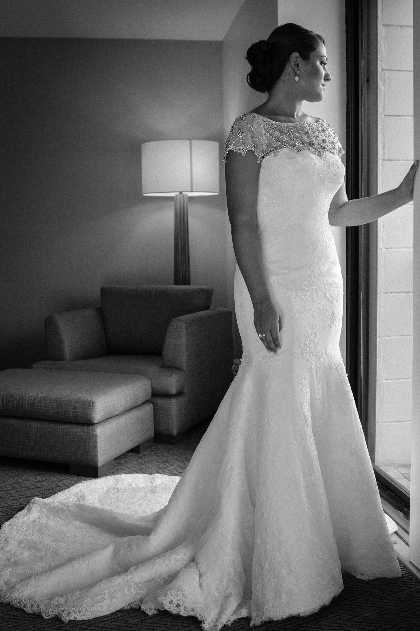 Trumpet-Fit, Lace, Short-Sleeve Wedding Dress with Beaded Illusion Neckline