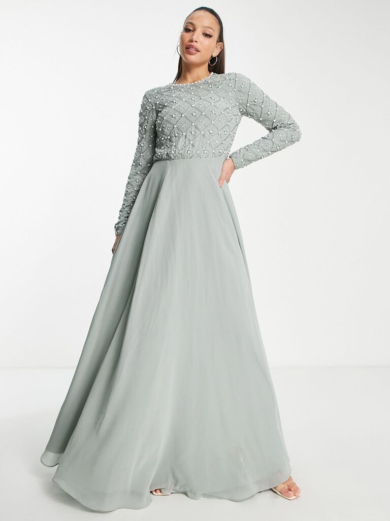 ASOS tall winter bridesmaid dress with embellished bodice and long sleeves