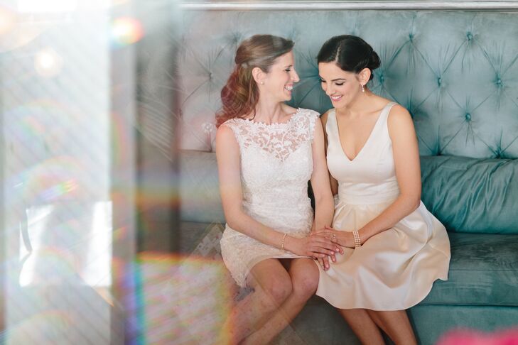 While Allison (right) donned a Nicole Miller design with a V-neck and lace detailing, Beth Anne chose a Casablanca sheath-style dress made entirely of lace. "We wore different Badgley Mischka shoes and changed into matching red heels for the reception," Allison says.