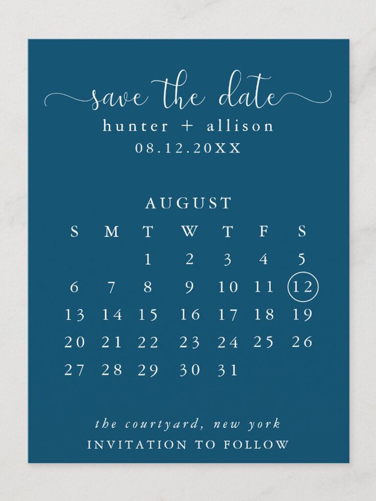Calendar design with wedding date circled and minimalist white type on blue background 