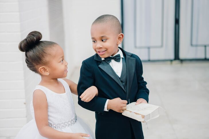 Black Tuxedo Ring Bearer Suit and White Lace with Beaded Belt Flower Girl Dress