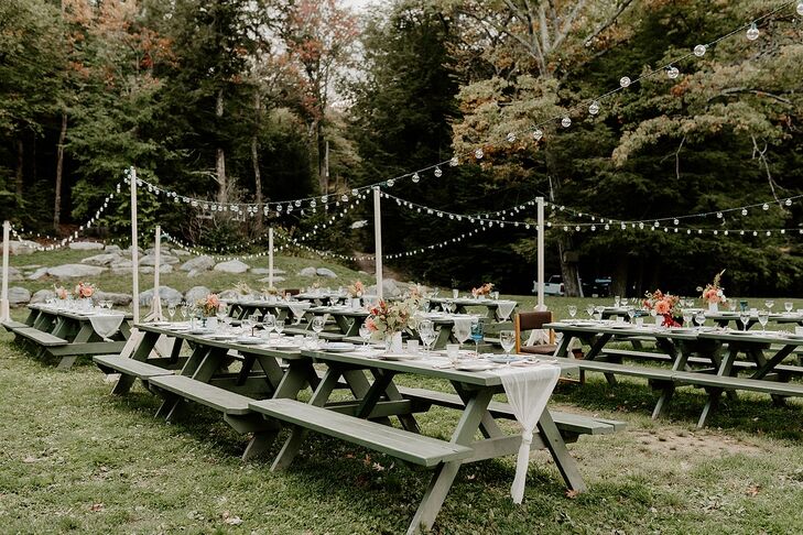 Casual Backyard Reception with Picnic Tables and String Lights