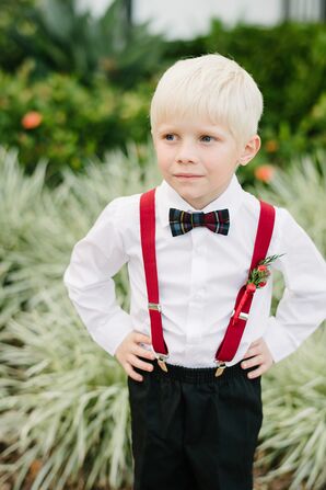 Ring Bearer in Plaid Bow Tie and Red Suspenders