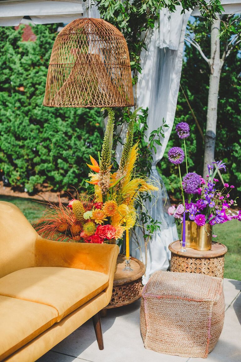 Vibrant lounge seating with woven chandelier
