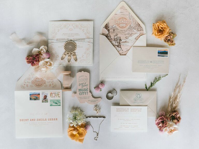 Bohemian music festival-themed wedding invitations