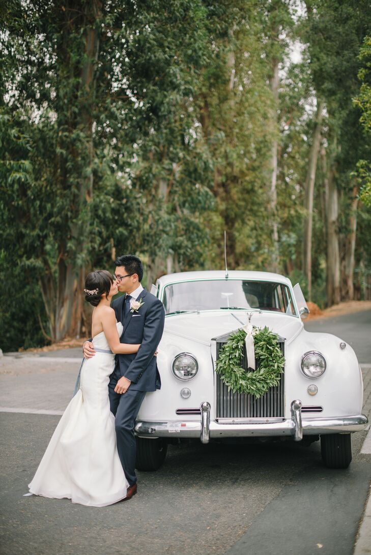 "Each wedding party drove themselves to the ceremony, but we arranged for a white Silver Cloud Rolls-Royce to drive my freshly married husband and me from the church to Villa Montalvo," Jauchy says. "I had never been one to daydream about my wedding, but this elegant car felt like a fantasy come true."