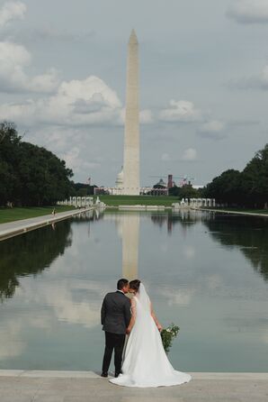 Bride and Groom Wedding Portraits at Washington Monument Reflecting Pool