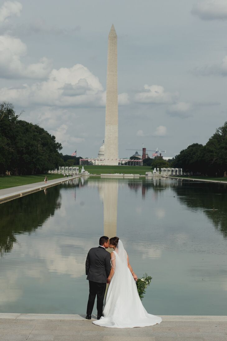 Bride and Groom Wedding Portraits at Washington Monument Reflecting Pool