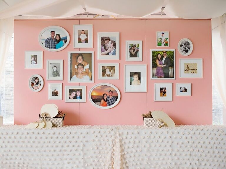 pink-and-white photo display wall