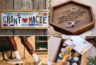Collage of gifts for him, including custom wall art, a ring dish, running shoes, and craft beer. 