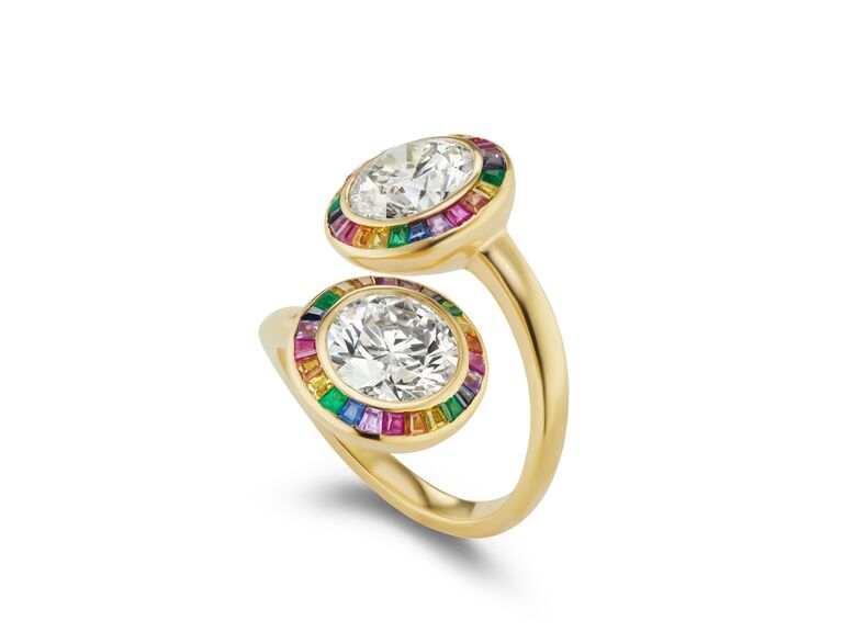 two stone ring with rainbow halo