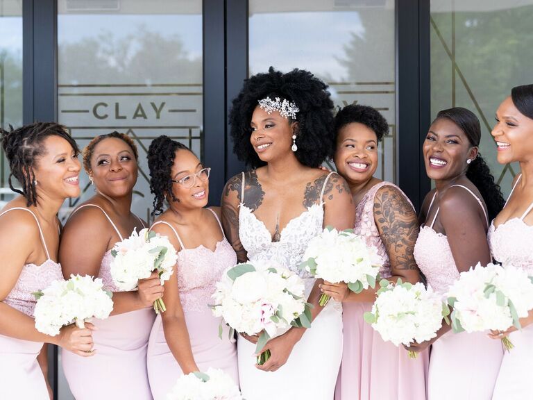 bridal party in blush pink dresses