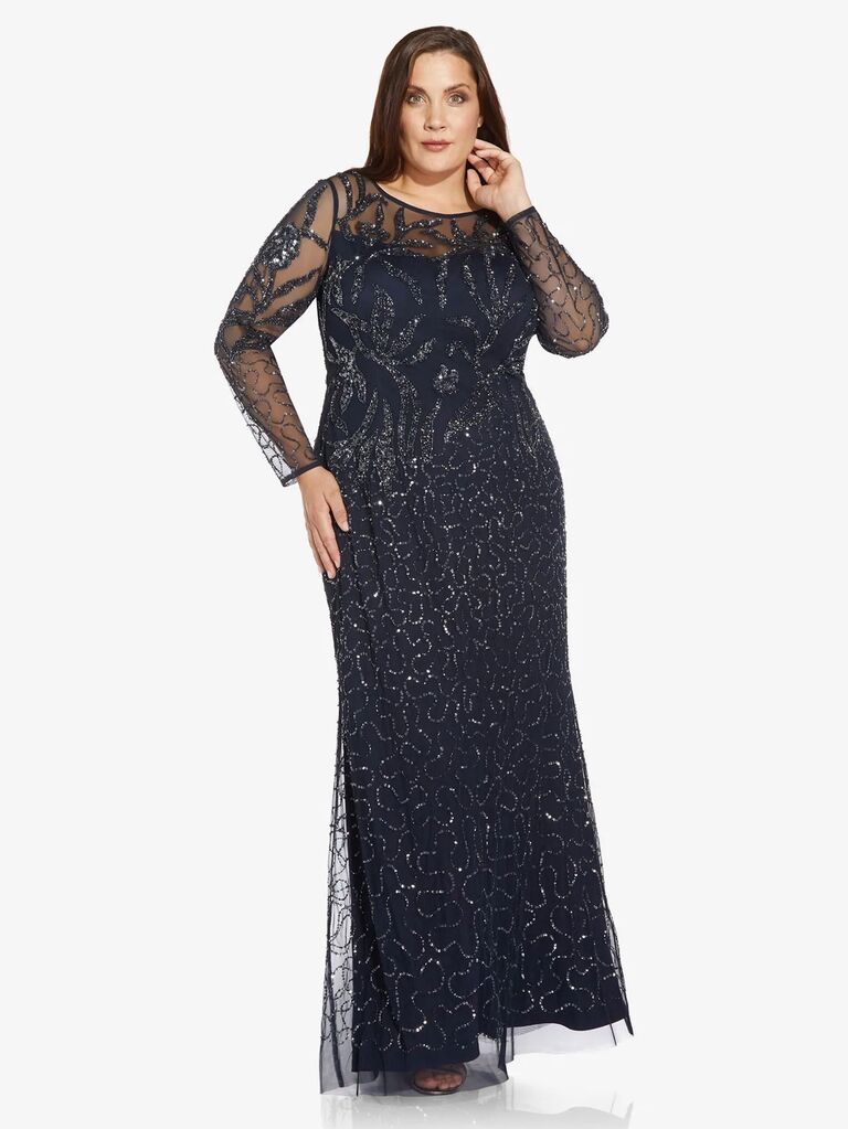 Adrianna Papell embellished long-sleeve bridesmaid dress in midnight blue
