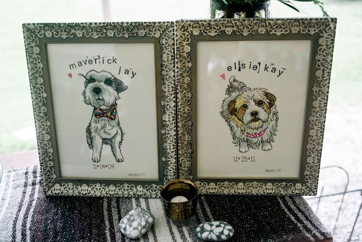 Even before they got engaged, Gina and Mike’s pets were part of their relationship. So it was no surprise that the couple incorporated Maverick Jay, left, and Elsie Kay into the reception decor. A custom illustration of each pet highlighted their dessert table in a vintage-style olive frame.