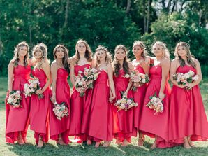 Bridesmaids in Bright Pink Summertime Dresses Pose With White and Blush Bouquets