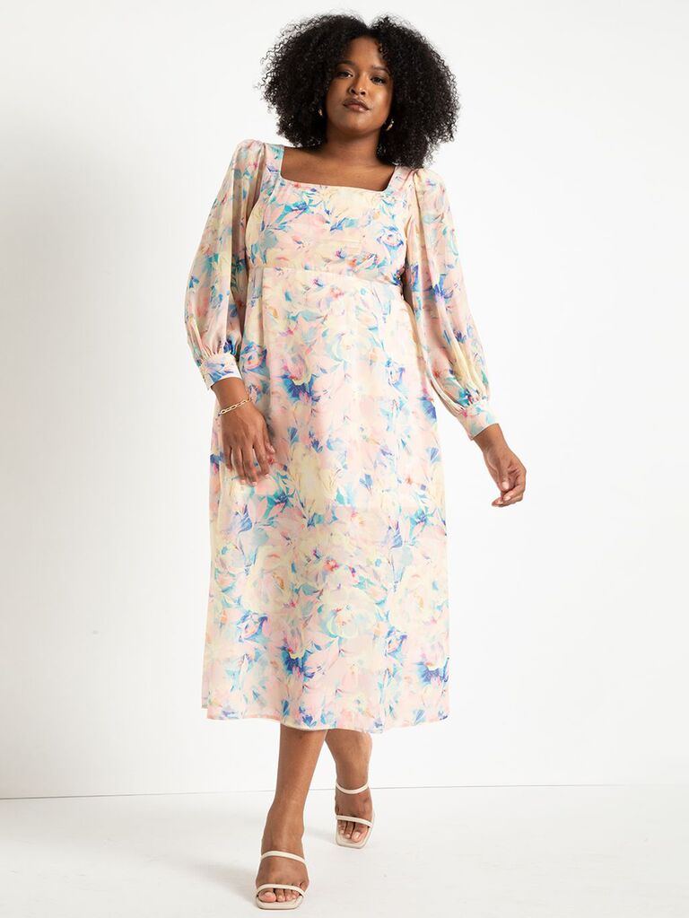ELOQUII pastel floral wedding guest dress with puffed long sleeves