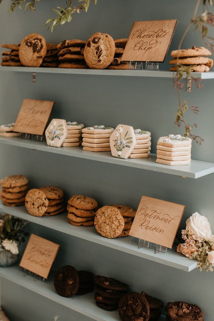 Shelves with cookies and wood signs
