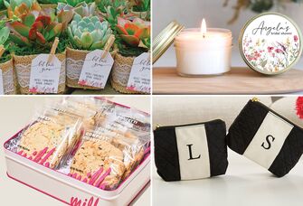 Collage of bridal shower favors, including succulents, a candle, cookies, and personalized makeup bag. 