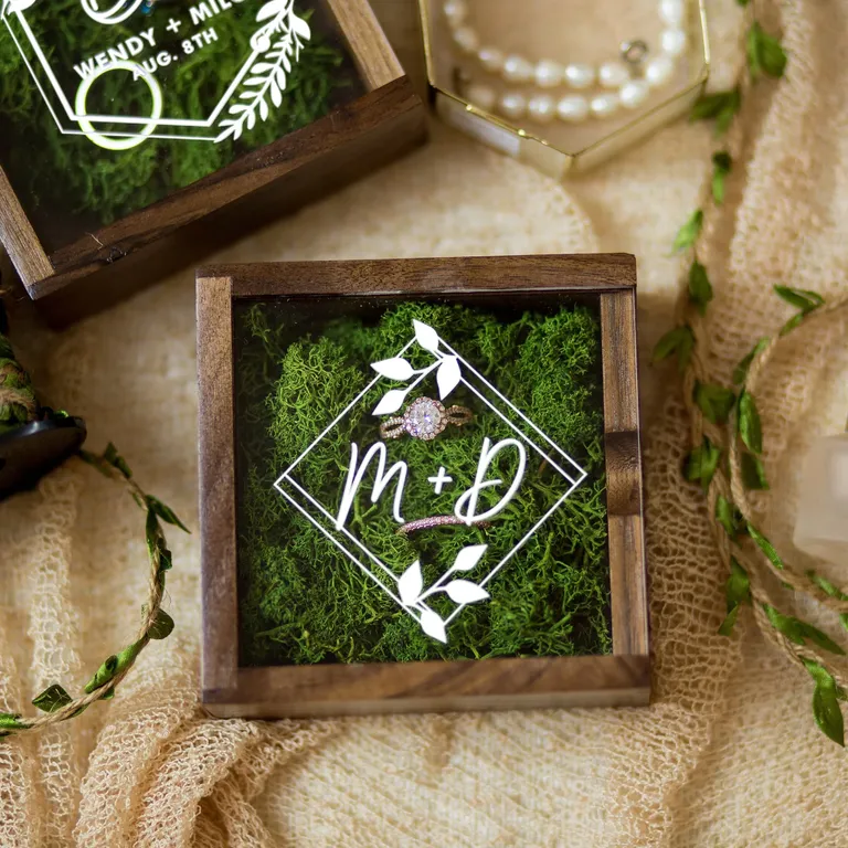 Custom square Ring Bearer Box with Clear Lid and Moss