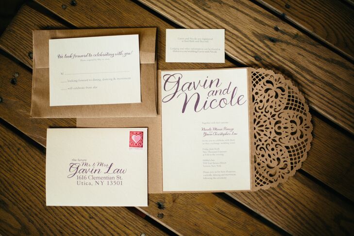 "We chose to marry our different styles by juxtaposing craft paper and feminine fonts and plum ink for our stationary. Rachel Herman, our graphic designer, made us gorgeous invitations that looked like craft paper doilies," says Nicole.