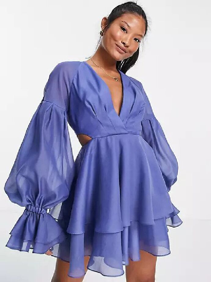 Voluminous blue long sleeve winter wedding guest mini dress