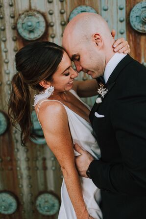 Formal, Modern Bride with Ponytail and Feather Earrings