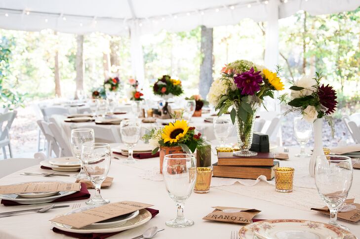 Each table centerpiece was decorated differently for an eclectic look.