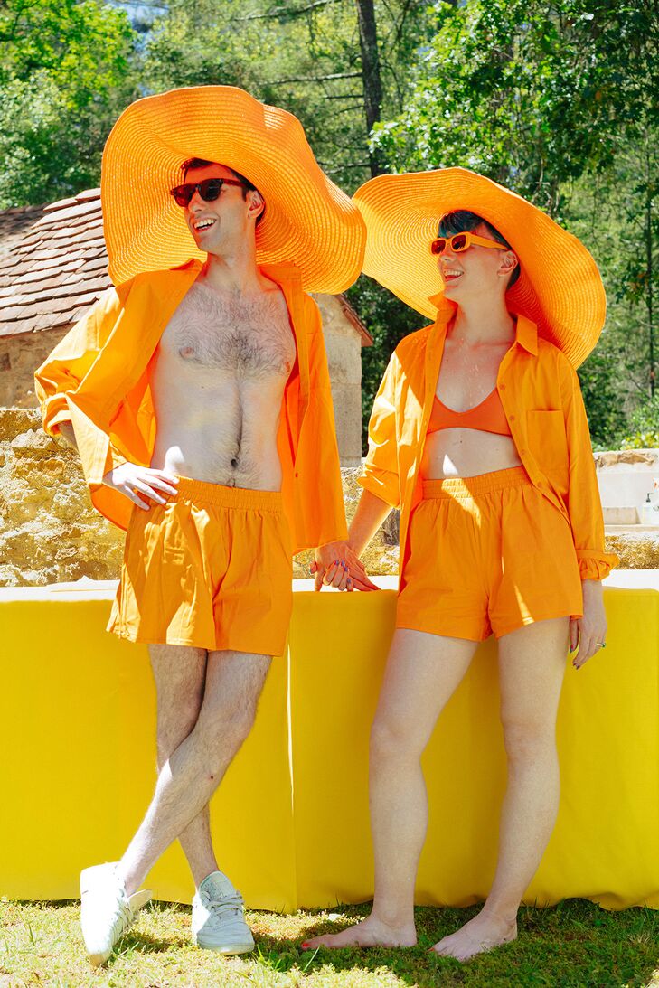 Couple in Neon Orange Outfits at Prewedding Event