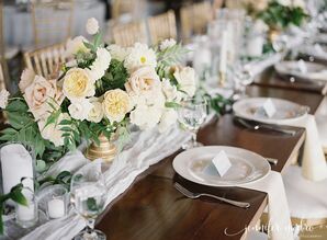 Blush and Peach Rose Centerpieces on Gauzy Table Runner