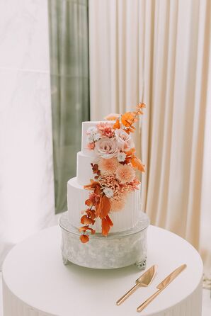 White, Three-Tier White Wedding Cake With Large Bright Floral Detail, Pink, Blush and Burnt Orange