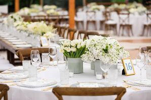 Tulip and Hydrangea Centerpieces in Cement Vases