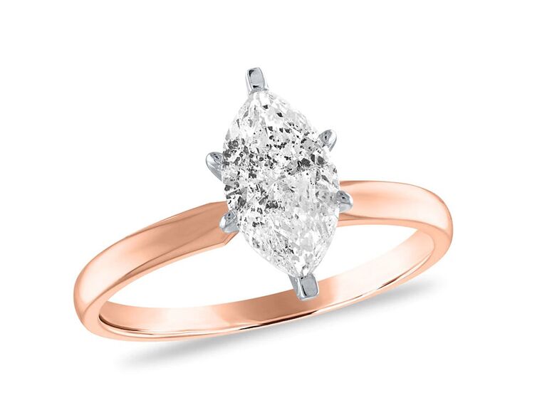 zales rose gold engagement ring with marquise diamond claw prongs and plain rose gold band