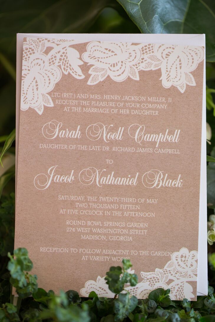 For a rustic, vintage wedding, Sarah and Nate's invitations were perfect in every way. The lace details on the neutral backdrop blended with elegant typography to completely embody their wedding style.