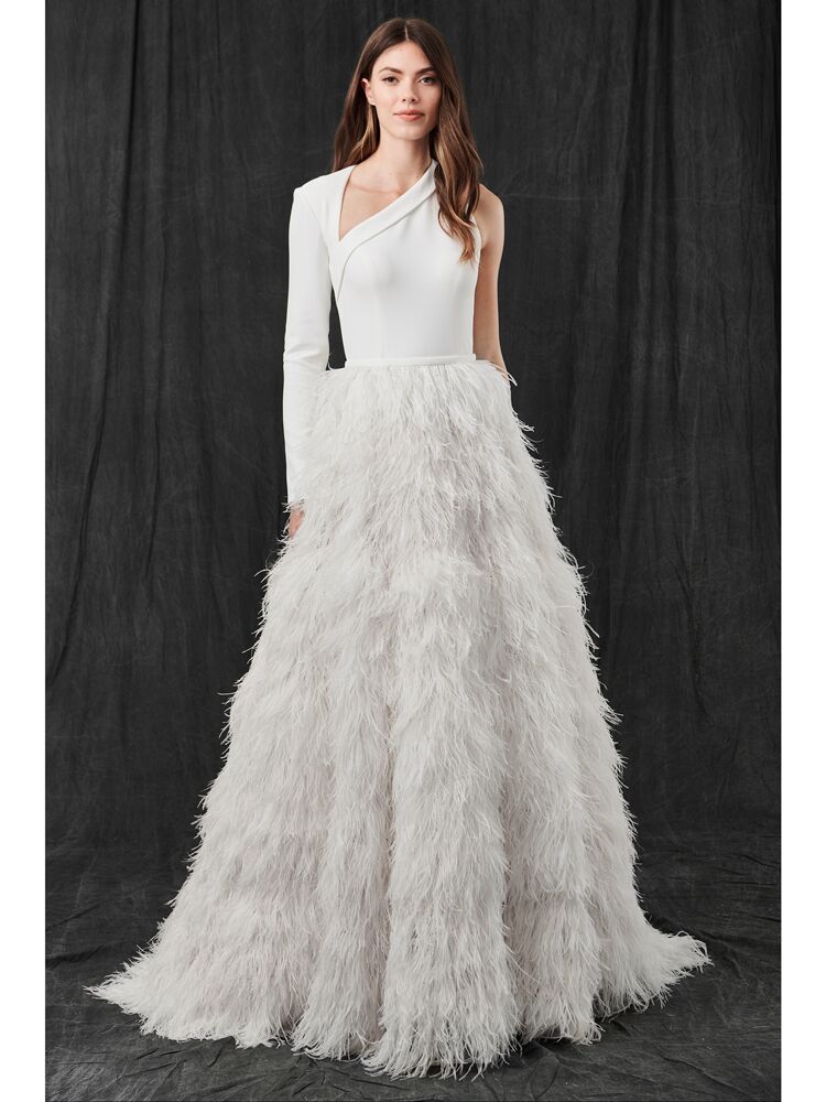 Kelly Faetanini ball gown with feather skirt and white bodice