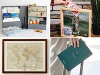 Four wedding gifts for travelers: travel storage, travel fund piggy bank, travel date idea book, pushpin world map