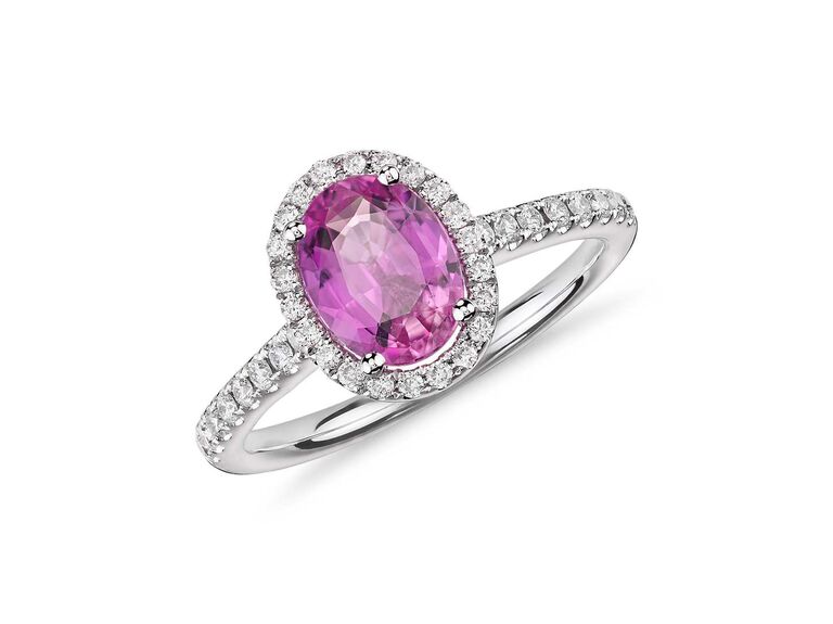 Blue Nile pink sapphire and micropavé diamond halo ring in 14K white gold