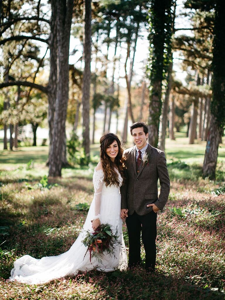 bride and groom in the forest