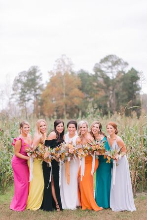 Bride Posing With Bridesmaids in Bright Dresses on Farm in Chadbourn, North Carolina