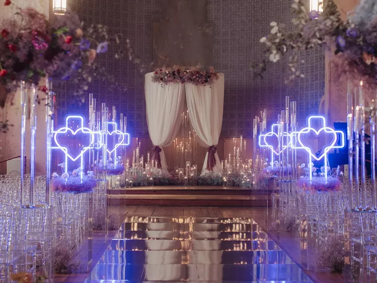Neon Lights and a Mirrored Aisle Decorate This Unique Wedding Ceremony