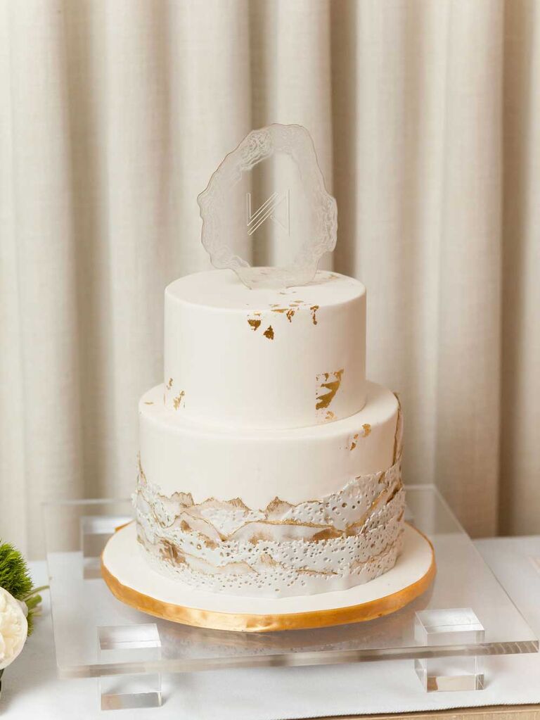 White wedding cake with geode topper