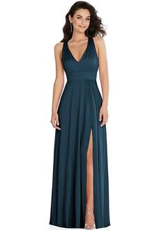 Dessy Group Shirred Shoulder Criss Cross Back Maxi Dress with Front Slit - 6863 V-Neck Bridesmaid Dress